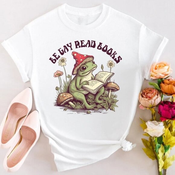 Be Gay Read Books Shirt, Cottagecore LGBT Shirt, Funny Frog Reading Books Shirt - Picture 1 of 3